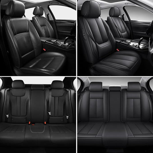 MINGBRON Black Car Seat Cover with Lumbar Support, Car Seat Protector Waterproof, Nappa Leather Car Seat Cushion, Car Seat Covers Front Seats and Back Fit for Most Cars
