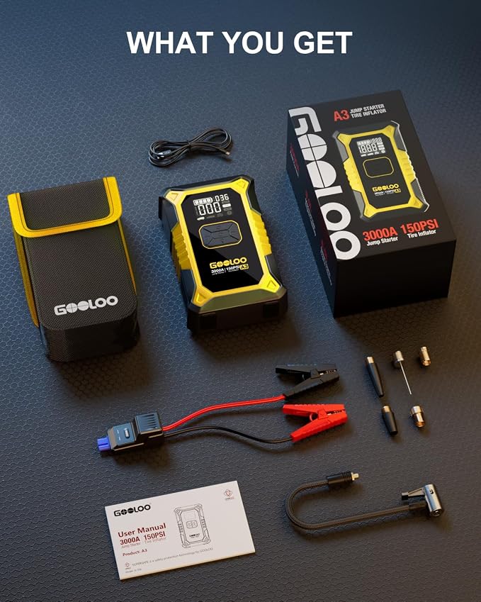 GOOLOO A3 Jump Starter with Air Compressor, 3000A Portable Car Battery Jumper Starter (9.0L Gas/6.5L Diesel) with 150PSI Auto-Shutoff Tire Inflator, 12V Supersafe Lithium Jump Box Car Booster, Yellow