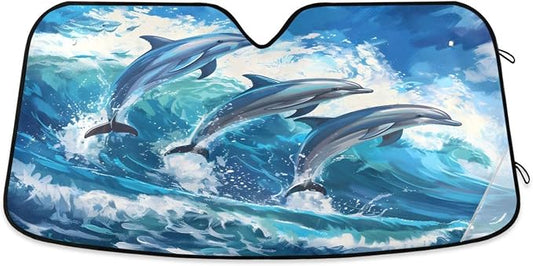 Windshield Sun Shade Beautiful Dolphins Jumped Front Window Block UV Shades Visor Reflective Retractable for Car SUV Trucks