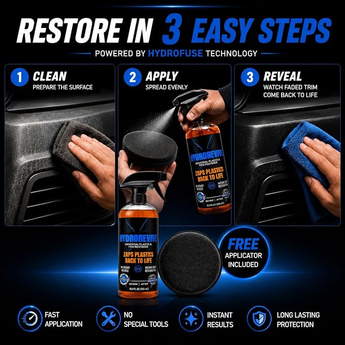 HydroRevive Instant Plastic Restorer | Bring Darker Plastic, Rubber, and Vinyl Back to Life! | User Friendly Exterior Trim Restorer | Safe Auto Detailing Supplies | 16.9 Oz Kit with Foam Applicator
