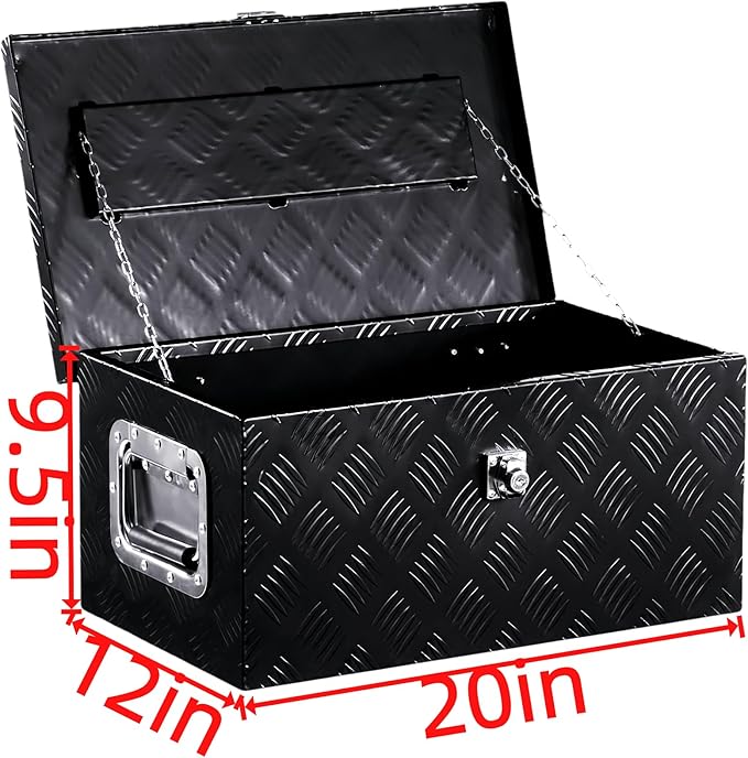 20x12x9.5 Inch Aluminum Truck Tool Box Heavy Duty Diamond Plate Pickup Tool Boxes Underbody Truck Bed Toolbox with Lock and Keys Suitable for Pickup RV Van Trailer Black