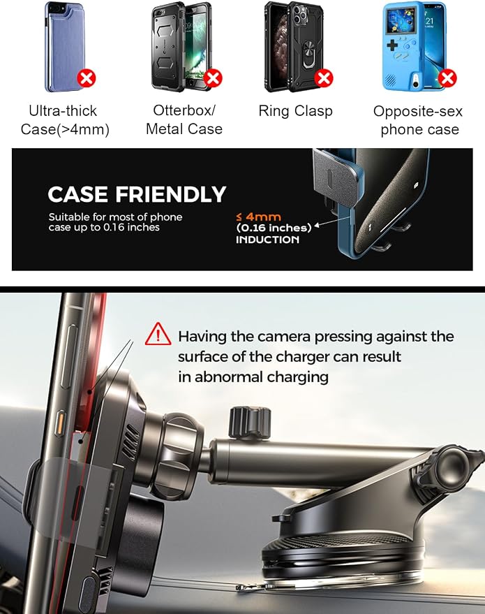 Wireless Car Charger with Phone Holder Mount, 15W Fast Charging Auto Clamping Phone Holders for You Car Windshield Dashboard Air Vent Accessories for iPhone, Samsung Galaxy, Google, etc