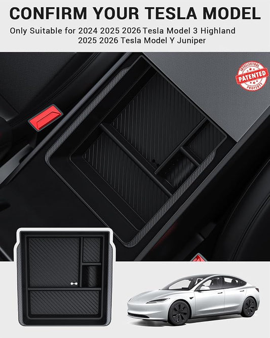 BASENOR 2026 Tesla Model Y Model 3 Armrest Storage Box, Center Console Organizer (Carbon Edition) for Tesla 3 Highland 2024 2025 2026 Model Y 2025 2026 Juniper (Standard/Premium/Performance)