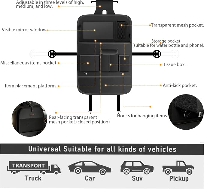 XDV Car Seat Organizers,Multi-functional Back Seat Protectors, Storage Pouches, and Tray Holders (for Cars, Kids, Seat Back and Rear Seats) (Plain Black, 2 Pcs)