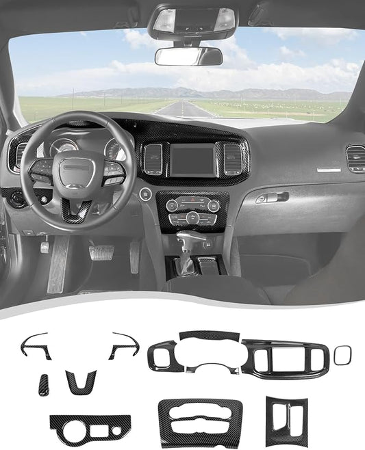 Hoolcar for Charger Carbon Fiber Interior Accessories Trim Kit fit for 2015-2024+ Dodge Charger Center Console Gear Shift Dash Dashboard Decor Cover Trim, 12pcs