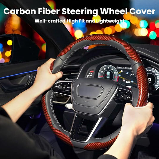 Hiseanllo Carbon Fiber Steering Wheel Cover 3PCS Set – Anti-Slip, Scratch-Resistant, Universal Fit for 14–16 Inch Wheels – Interior Car Accessories for Cars, SUVs, Trucks (Red)