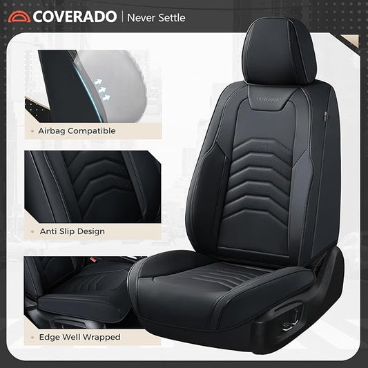 Coverado Car Seat Covers, 5 Seats Black Seat Covers for Cars, Front and Back Seat Cover for Cars Luxury Faux Leather Waterproof Seat Covers Car Seat Protector Universal Fit for Most Cars Trucks SUV