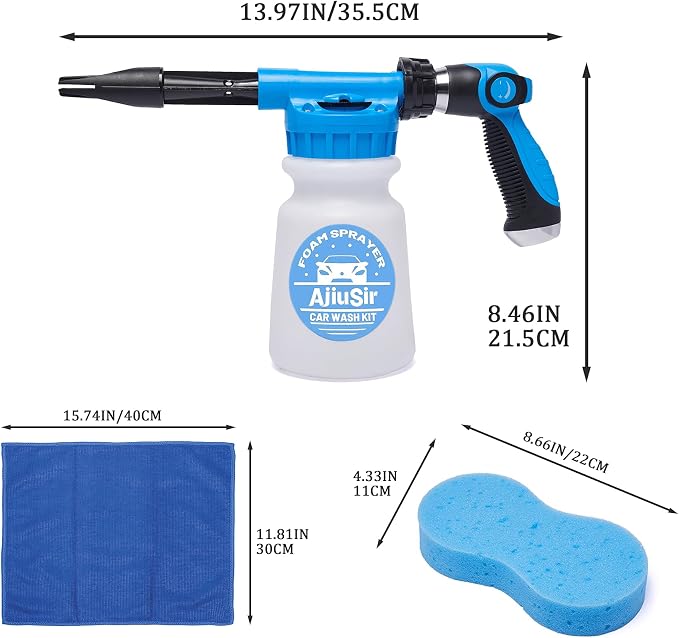 Foam Gun Car Wash Sprayer + Washing Sponge & Absorbent Towel, Hose Nozzle Foam Cannon Car Washing Kit, for Garden Cleaning, Pet Showering (Blue)