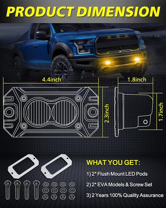 Amber Flush Mount LED Pods, AKD Part Flood CREE LED Flush Mount Fog Lights 40W Amber Chase Lights Bumper Driving Backup Reverse Light Pods for Trucks Pickup SUV UTV ATV Snowmobile