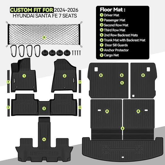 Tongama-Floor Mats for 2024 2025 2026 Hyundai Santa Fe 7 Seats, All Weather TPE Trunk Mat with Backrest Mat & 2nd Row Backrest Mats & Cargo Net & Door Sill Guards for Santa Fe Floor Liner Accessories