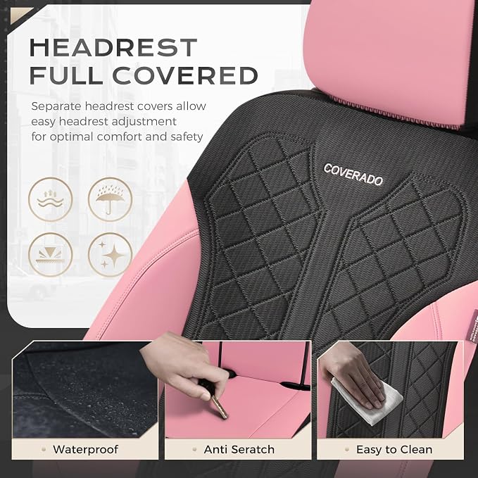 Coverado Car Seat Covers 2-Pack, Luxury Front Seat Covers, Automotive Car Seat Protectors, Pink Driver Seat Covers Universal Fit for SUVs, Trucks, Sedans