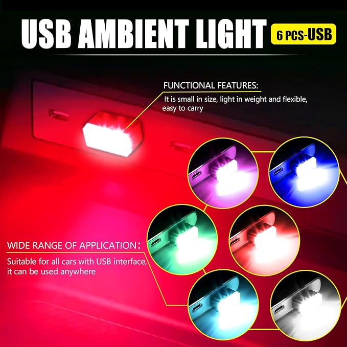 6 PCS USB LED Car Interior Atmosphere Lamp, Portable Mini Auto LED Decor Night Light, Plug-in USB Interface Ambient Lighting Kit, Universal Car Interior Accessories (6 Colors)