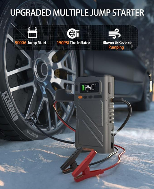 Car Jump Starter with Air Compressor 9000A, 9 in 1 Jumper Box for Car Portable 12V Jump Pack(All Gas/16L Diesel) Combo 150 PSI Tire Inflator & Air Inflator/Deflator Pump w/Extended Jump Cable