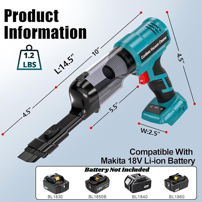 Cordless Handheld Vacuum Cleaner for Makita 18V Battery: 3-Speed Modes Portable Vacuum with 20kPa 105AW Powerful Suction for Car, Pet Hair, Home Cleaning (Tool Only)