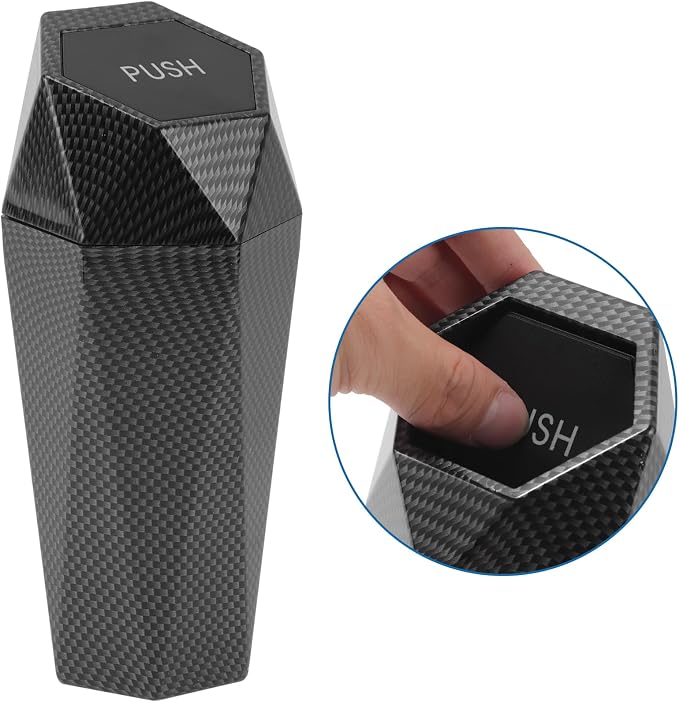 Car Trash Can Portable 3.5" Width 7.9" Height Trash Bin Plastic Carbon Fiber Pattern Black 1 Pcs