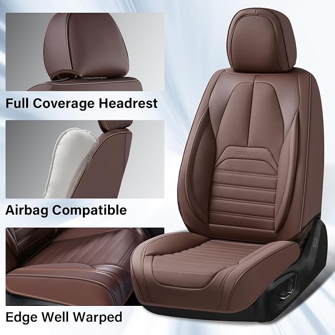Car Seat Covers Full Set, Brown Seat Covers for Cars, Automotive Seat Covers, Waterproof Nappa Leather Front Seats and Back Car Seat Protector, Universal Fit for Most Cars SUV Trucks