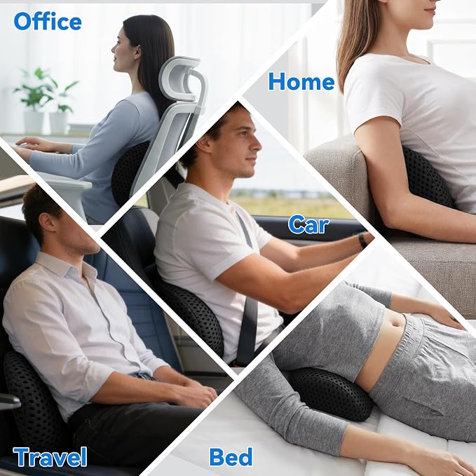 Lumbar Support Pillow, Memory Foam Lumbar Pillow for Office Chair and Car Seat, Back Pillow for Lower Back Pain Relief, Back Support Pillow for Sitting, Driving, Traveling (Dark Black)
