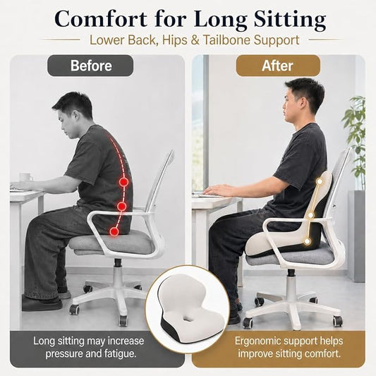 Memory Foam Office Chair Cushion with Back Support, Ergonomic Seat Cushion for Office Chair and Car Seat, Pressure Relief for Long Sitting (Light Grey)