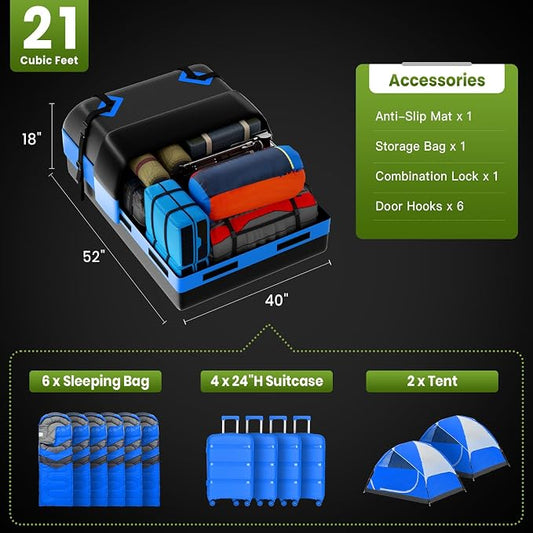 APTY 21 Cubic Feet Car Rooftop Cargo Bag Carrier, Soft Roof Top Luggage Bag for All Vechicles with/Without Racks - with Waterproof Zip, Luggage Lock, Anti-Slip Mat, Storage Bag, Door Hooks, Blue