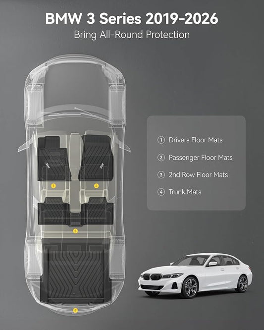 3W Floor Mats Custom Fit for 2019-2024 2025 2026 BMW G20 3 Series 330i 330e Sedan, TPE All Weather Floor Liner for BMW 3 Series G20 Accessories 1st and 2nd Row Full Set Car Mats (NOT for GT & 2 Door)