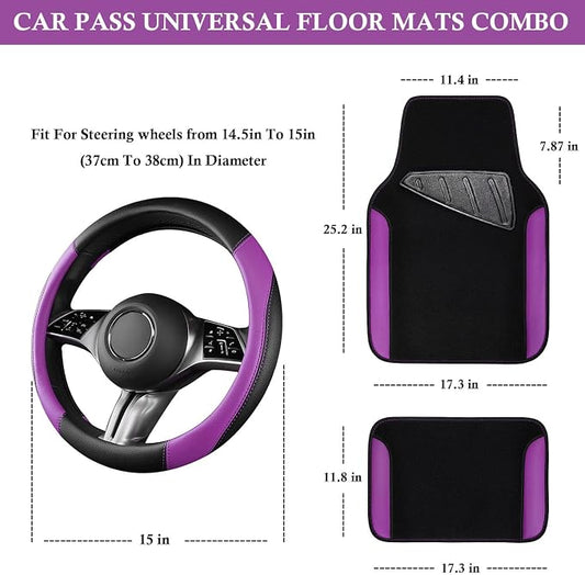 CAR PASS Faux Leather Steering Wheel Cover and Waterproof Car Floor Mats,Universal Car Combo Fit for 95% Sedan,SUV,Cars,14.5-15inch Sporty Anti-Slip Safety Comfortable Design(Black&Purple)