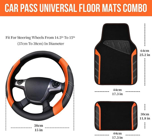 CAR PASS Leather Steering Wheel Cover and Waterproof Car Floor Mats,Microfiber Universal Car Combo Fit for 95% Sedan SUV Van Truck,14.5-15inch Sporty Anti-Slip Safety Comfortable Design, Black&Orange