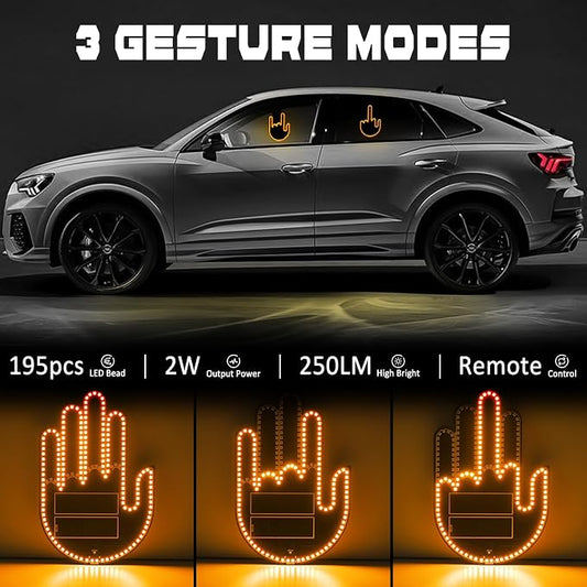 DIBMS Car Gesture Decorative Lights, Ambient Lighting, Rechargeable LED Gesture Lights for Car Road Rage LED Signs Calm Road Rage, Remote Control Triple Mode Fun Finger Lights (Yellow)