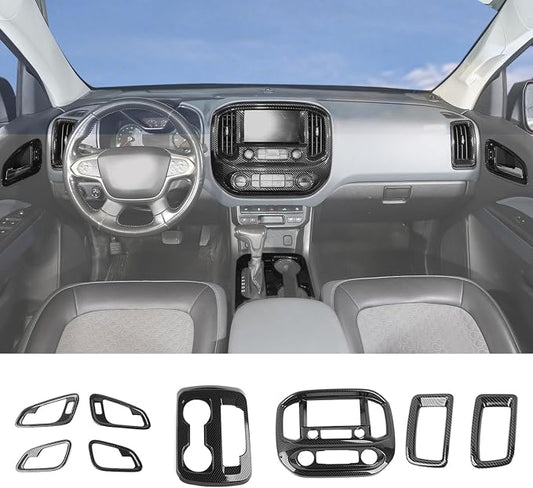 JeCar 8pcs Carbon Fiber Interior Accessories Trim Kit for 2014-2022 Chevy Colorado & GMC-Canyon - Center Console Gear Shift Cup Holer Cover, Dashboard Navigation Screen Panel Decoration Upgrade
