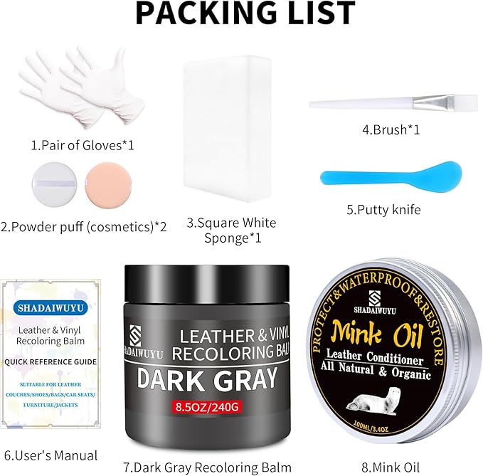 SHADAIWUYU 8.5oz Leather Recoloring Balm with 100ml Mink Oil,Dark Gray Leather Repair kit for Furniture and Car Interior,Leather Couch Scratch Repair,Leather Dye Paint,Mink Oil for Leather