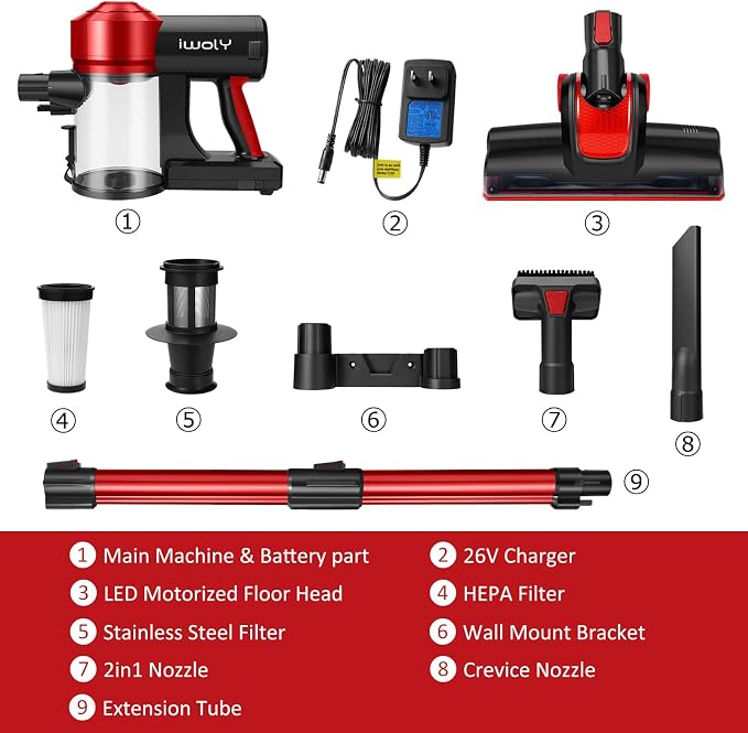 iwoly C150 Cordless Vacuum Cleaner with 2200mAh Rechargeable Battery, 18000Pa Cyclone Vacuum with HEPA Filter, Lightweight Portable Handheld Stick Vacuum for Home Hard Floor Car Cleaning