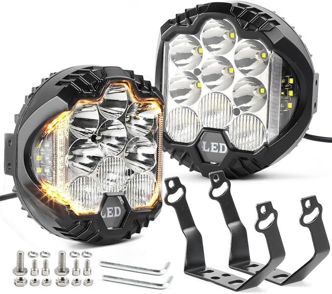 LIGBT 2PCS 7 Inch Round LED Offroad Light with DRL 90W LED Off Road Lights Super Bright Driving Spot Light Bar with Amber DRL Side Shooter Lights Waterproof 12V 24V for Pickup Trucks SUV UTV