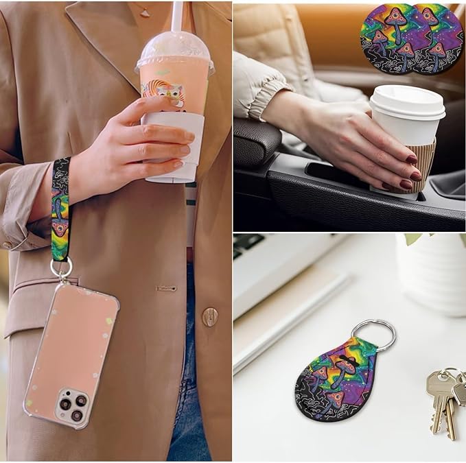 14 Pcs Abstract Mushroom Car Seat Covers with Steering Wheel Cover,Seat Belt Covers Cup Holder with Keychain,Eyes Mushroom Automotive Accessories Protector Set Universal Fit Cars SUV Trucks