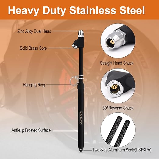 SAFELIFE Tire Pressure Gauge Heavy Duty Air Pressure Tire Gauge, Straight-on Foot Dual Head Chucks, Frosted Black, 10-150PSI 100-1000KPa for Semi Truck Car RV Van (1)