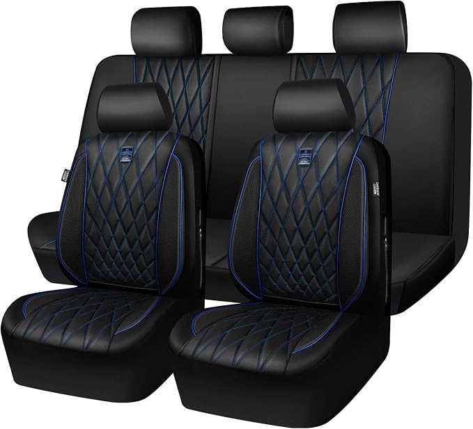 CAR PASS Piping Luxury Leather Seat Covers Full Set,5 Seats Anti-Slip Waterproof Seat Covers Compatible with Front Armrests,Universal Fit for Sendan SUV Van Truck,Airbag Compatible,Black and Blue