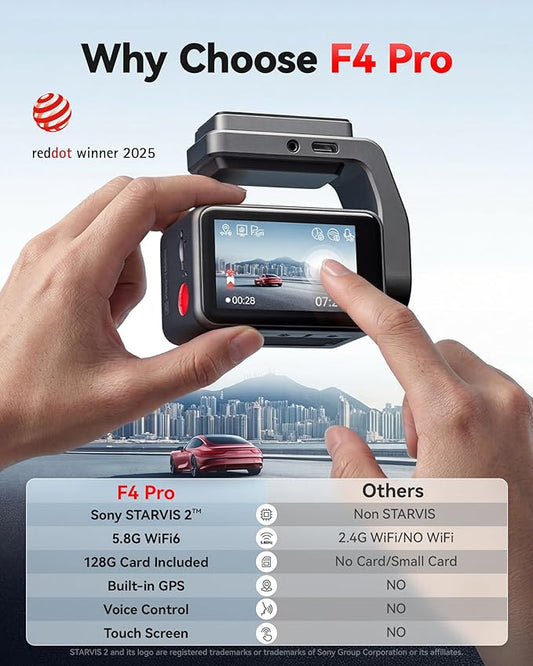 REDTIGER F4 Pro 4K Mini Dash Cam Front and Rear, STARVIS 2 Night Vision, 128GB Card Included, 5.8GHz WiFi 6 Instant Export, 2.2" Touch Screen Dash Camera for Cars, Voice Control, 24H Parking Mode
