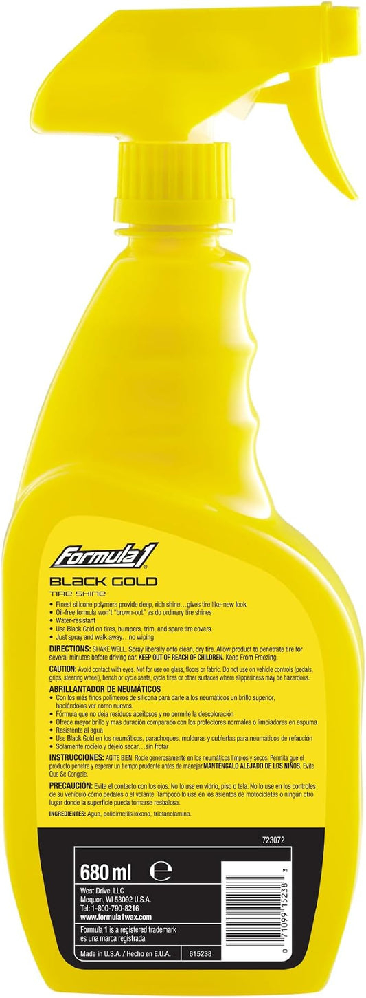 Formula 1 Black Gold, Long-Lasting Tire Shine Restores Glossy Black Color to Rubber and Plastic Trim, Water Resistant with UV Protection, 23oz