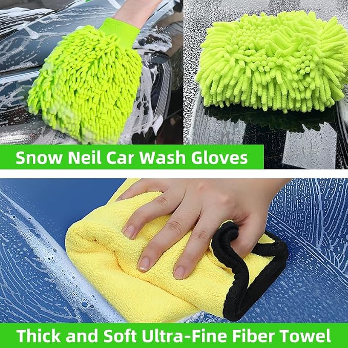 62" Car Wash Brush with Long Handle, Chenille Microfiber Car Wash Mop Mitt, Wheel Brush, Windshield Window Squeegee, Microfiber Towel, Gloves, Car Cleaning Brush Kit Supplies for Car,Truck,SUV,RV,Boat