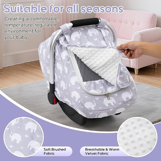 Car Seat Cover Baby, Mink Dot Infant Car Seat Cover for Outdoor, Breathable Carseat Cover with Mesh Peep Window & Sun Shade, Easy Access Baby Carrier Canopy Snug Fit Stroller