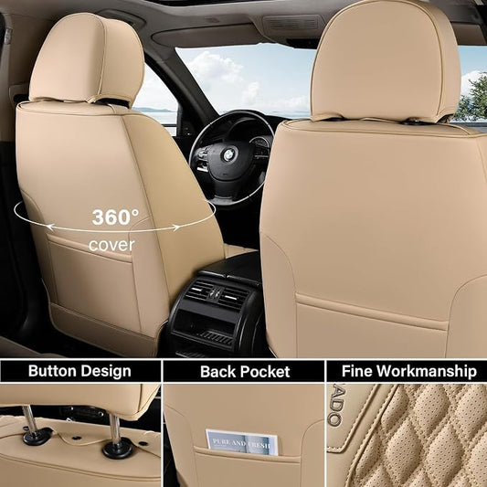Coverado Car Seat Covers Full Set, Waterproof Nappa Leather Seat Covers for Cars, Front and Back Car Seat Protector, Luxury Car Seat Covers, 5 Seats Universal Beige Car Seat Cover Fit for Most Cars