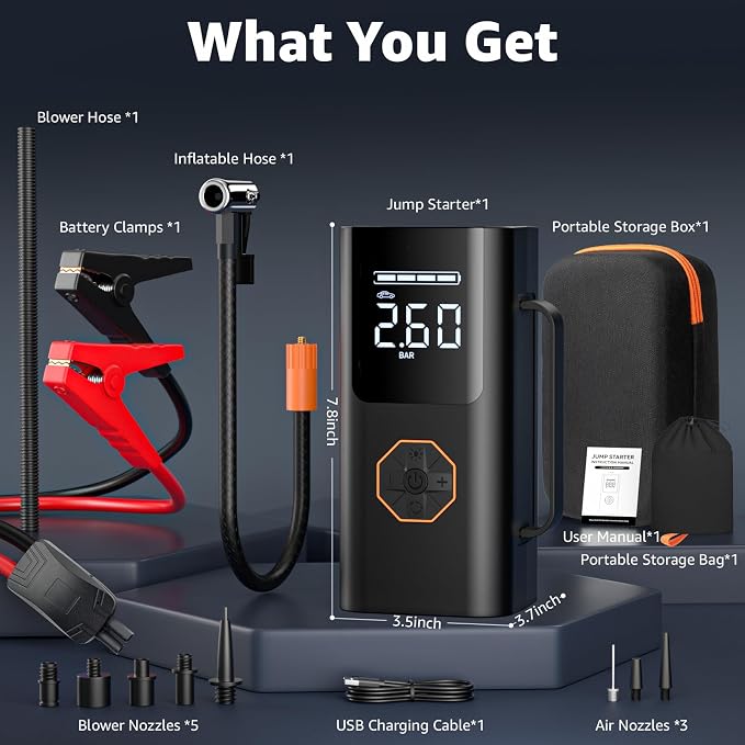 Lehwey Portable Jump Starter with Air Compressor - 12V Car Battery Jumper Starter Box 5500A (All Gas/12L Diesel) 9-in-1 with Air Blower, 150PSI Tire Inflator, 3-Mode Emergency Flashlight, LCD Display