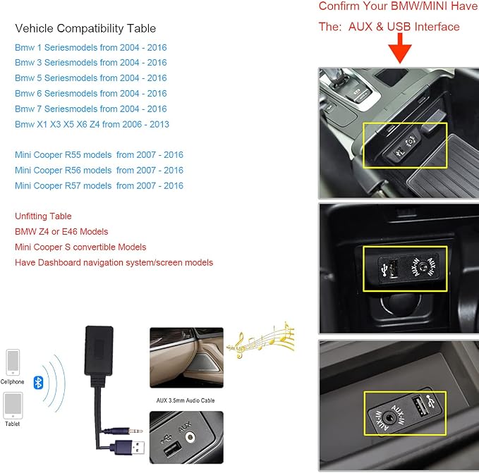 Yoper Bluetooth Adapter Compatibility with BMW Mini Cooper Aux 3.5 Cellphone Play HiFi Music