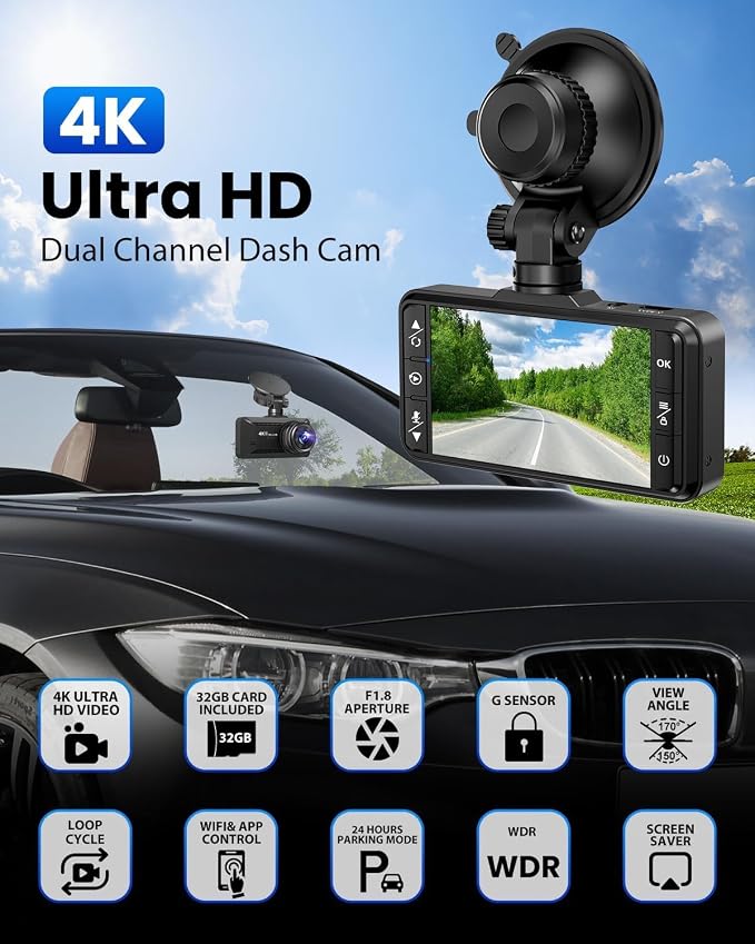Dash Cam Front Rear 4K/1080P, Dash Camera for Cars Build in WiFi, Full HD Dash Cam with APP Control, 3.94‘’ IPS Screen Dash Camera with 32GB SD Card, G-Sensor, WDR, 24Hr Parking Mote, Loop Recording