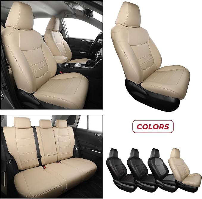 FREESOO RAV4 Seat Covers Full Set Custom Fit for Toyota Rav4(Gasoline) 2019 2020 2021 2022 2023 2024 2025 LE/XLE/XLE Premium/Limited, Faux Leather Car Seat Cover, Airbag Compatible, Beige