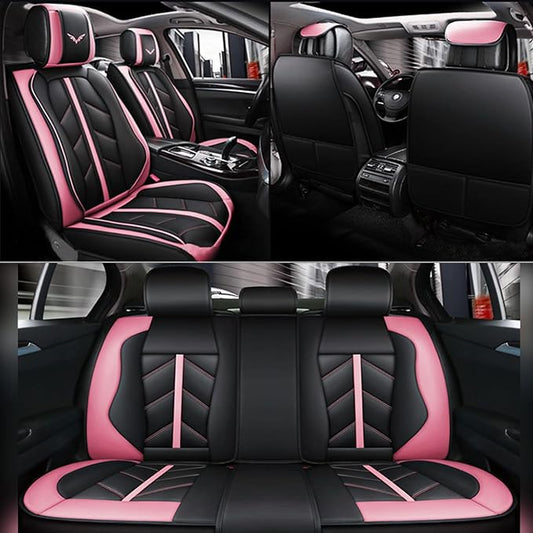 otoez Car Seat Covers Full Set, Leather Pink Seat Covers for Cars 5 Seats, Automotive Front and Rear Seat Protectors Universal Fit Most Cars Sedans SUV Pick-up Truck (Pink, Without Pillows)