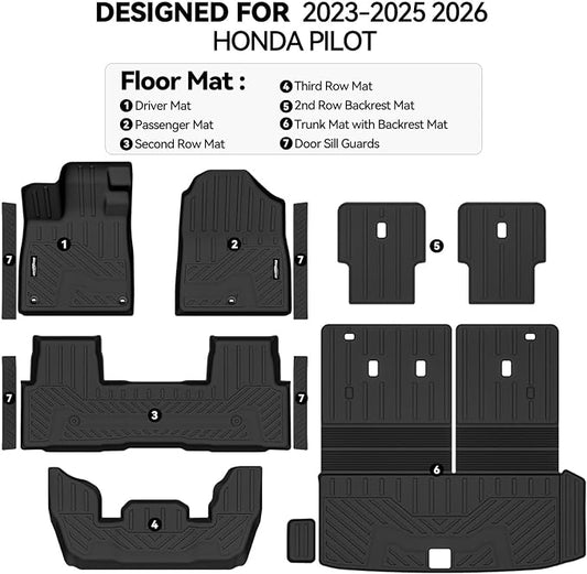 Floor Mats for Honda Pilot 2023-2025 2026, Trunk Mat with Backrest Mat & Door Sill Guard All Weather TPE Protector for Honda Pilot Accessories