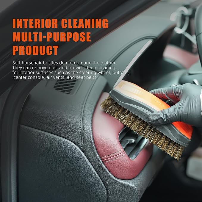 Leather Cleaner Brush, SPTA 2Pcs Fine Long Bristle Horse Hair Brush for Car Detailing,Ideal for Car Interiors,Furniture, Sneakers, Boots,and More -Safe for Natural, Synthetic, Faux, and Pleather