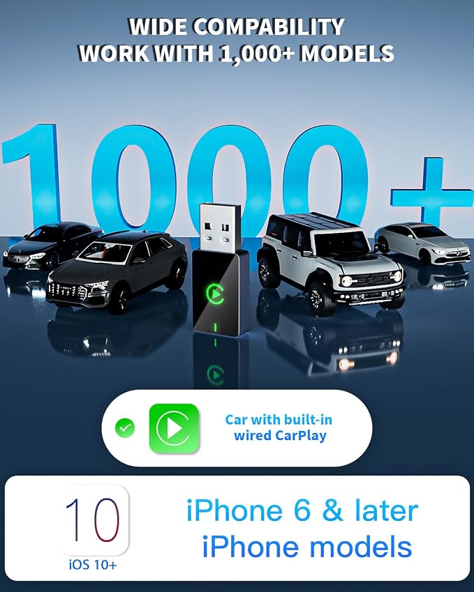 Wireless CarPlay Adapter for Apple iPhone,Compact Design Car Play Adapter Convert Wired Apple CarPlay to Wireless with USB/USB C Port,Plug and Play,Fast and Stable Connection Compatible with iOS 10+