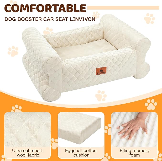 Dog Car Seat for Medium/Large Dogs up to 60 lbs, Memory Foam Dog Booster Seat with Thick Cushion, Pet Car Seat for Back with Detachable Washable Cover, Storage Pockets for SUV, Pick Up, Trunk, White