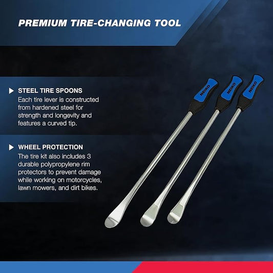 NEIKO 20601A 14.5β Steel Tire Spoons Tool Set, Tire Tools Include 3 Piece Tire Spoons, 3 Piece Rim Protector, Valve Tool, 6 Piece Valve Cores, Motorcycle Tire Changer, Dirt Bike Tire Levers