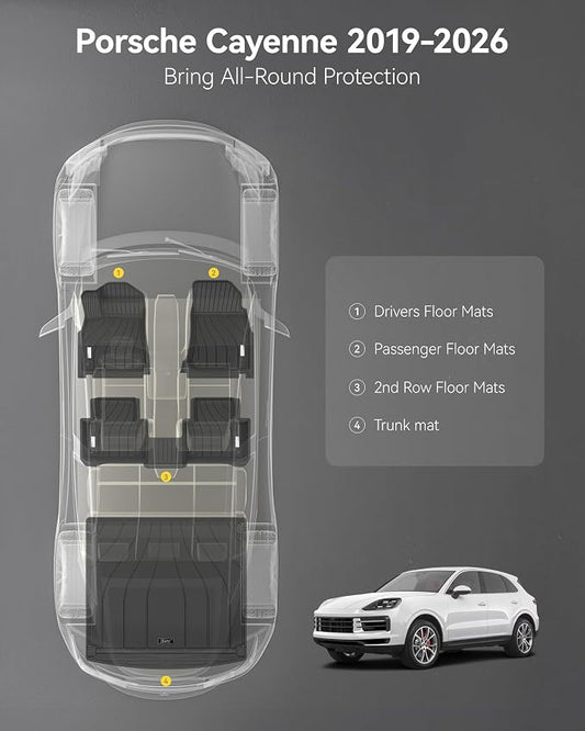 3W Floor mats &Cargo Liner for Porsche Cayenne 2019-2025 2026, TPE All Weather Custom Fit Floor Liner for Porsche Cayenne Full Set Car Mats, Black